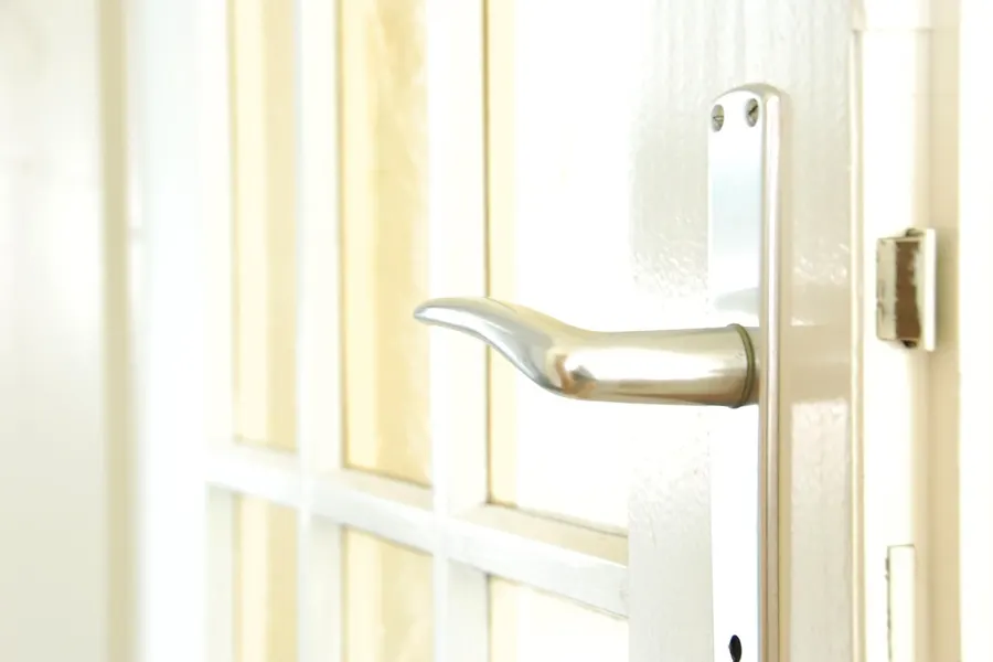 White door with a lever handle and locking plate